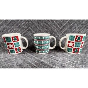 Waechtersbach Red & Green Christmas Trees & Stars Coffee Mugs Set Of 3